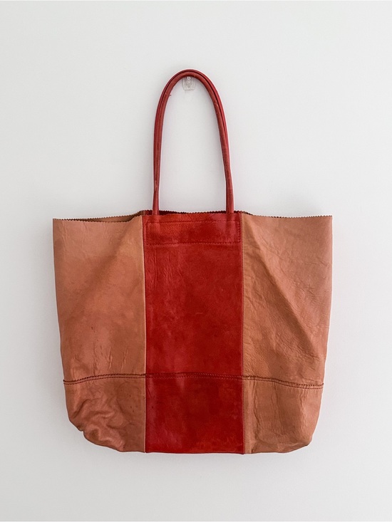 Banana Republic Handbags - Banana Republic Leather Tote Color Block Tan & Red Patchwork Shoulder Bag